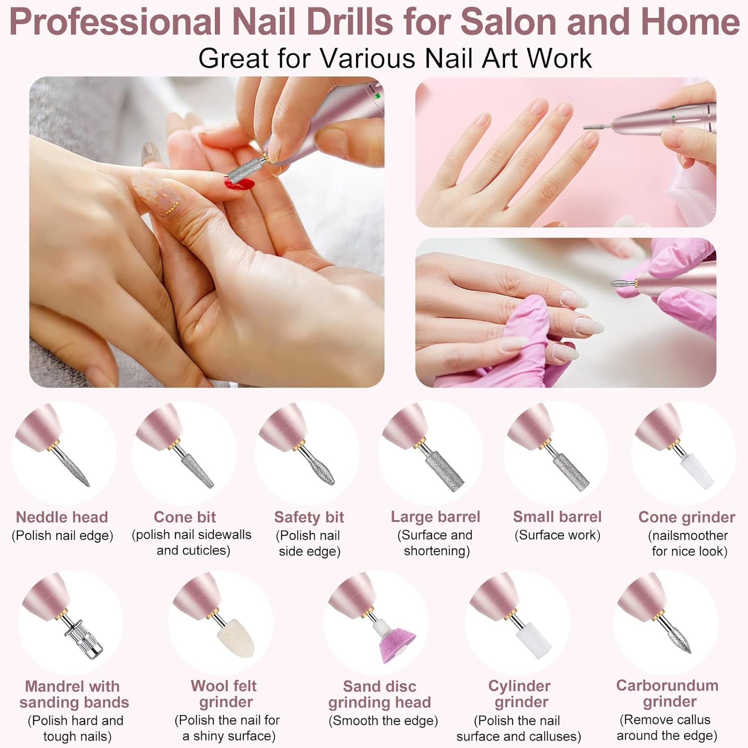 Electric Nail Files Professional, Portable Nail Drill Machine for Acrylic and Gel Nails,35000Rpm Rechargeable Electric Manicure Pedicure Set (Pink)