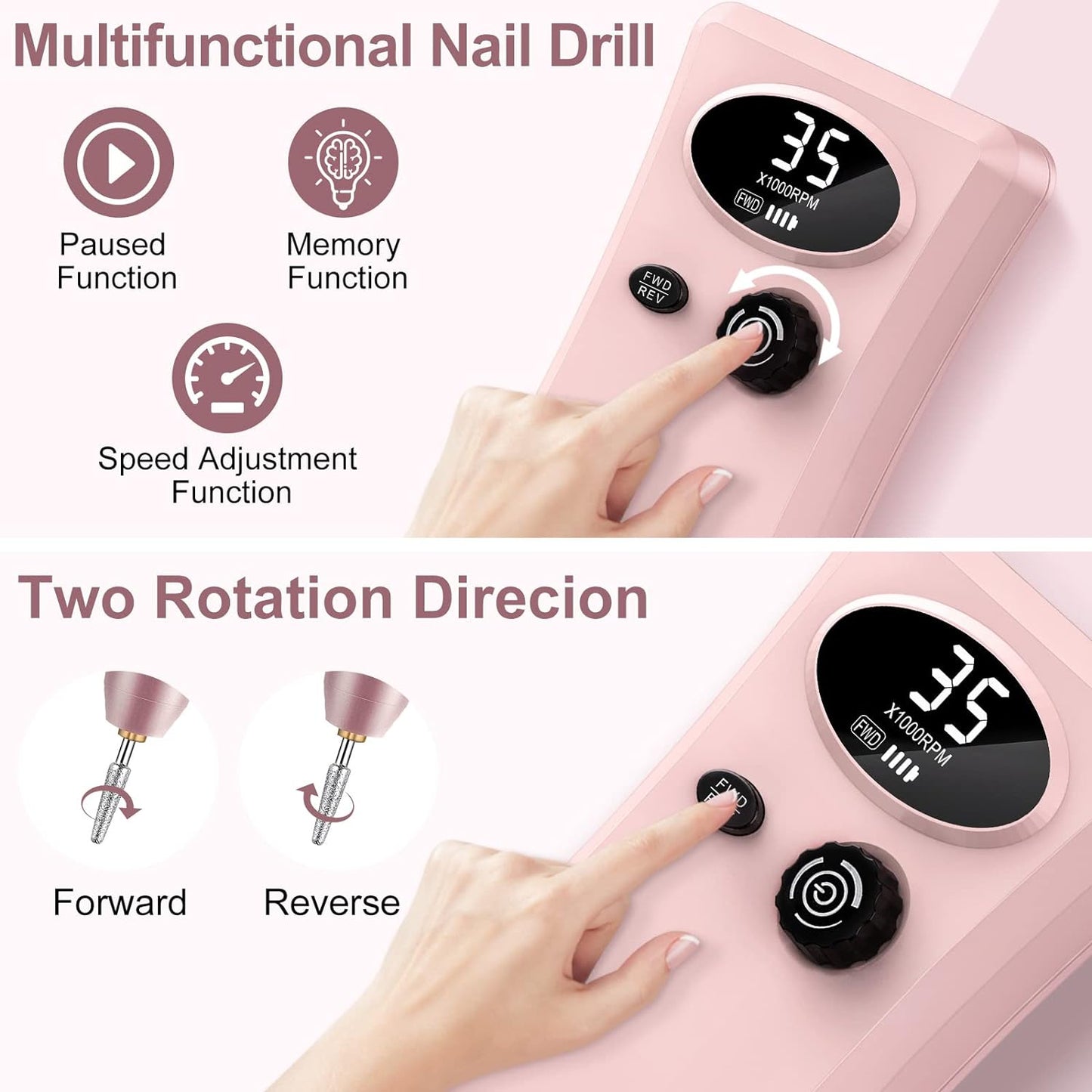 Electric Nail Files Professional, Portable Nail Drill Machine for Acrylic and Gel Nails,35000Rpm Rechargeable Electric Manicure Pedicure Set (Pink)