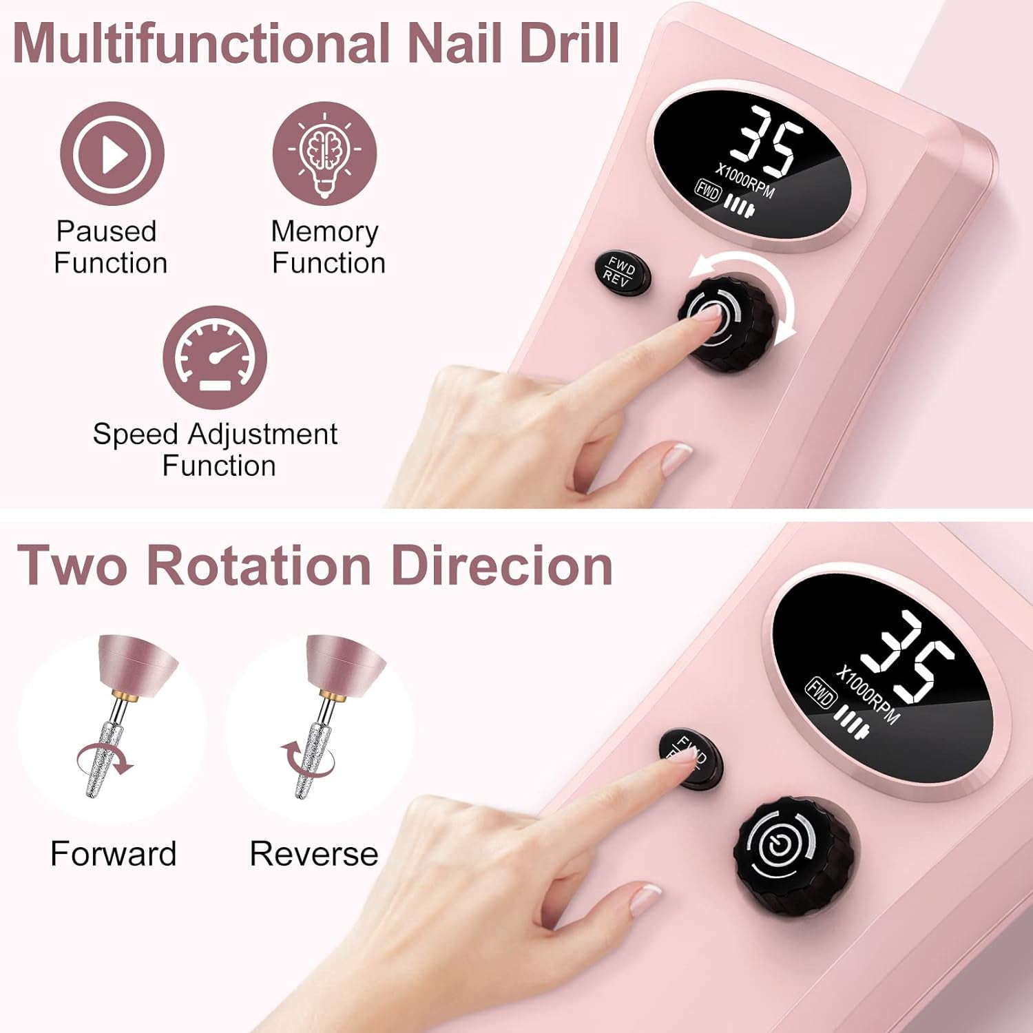 Electric Nail Files Professional, Portable Nail Drill Machine for Acrylic and Gel Nails,35000Rpm Rechargeable Electric Manicure Pedicure Set (Pink)