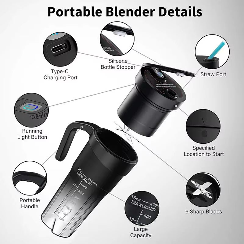 Portable Blender Cup Bottle USB Rechargeable Blades Fruit Mixer Mini Hand Juicer Blender Smoothie with Straw