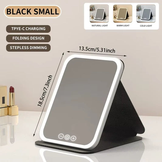 3 Colors Makeup Mirror LED Vanity Mirror with Touch Screen USB Rechargeable Dimming 3 Brightness Portable Fold Mirror Tabletop