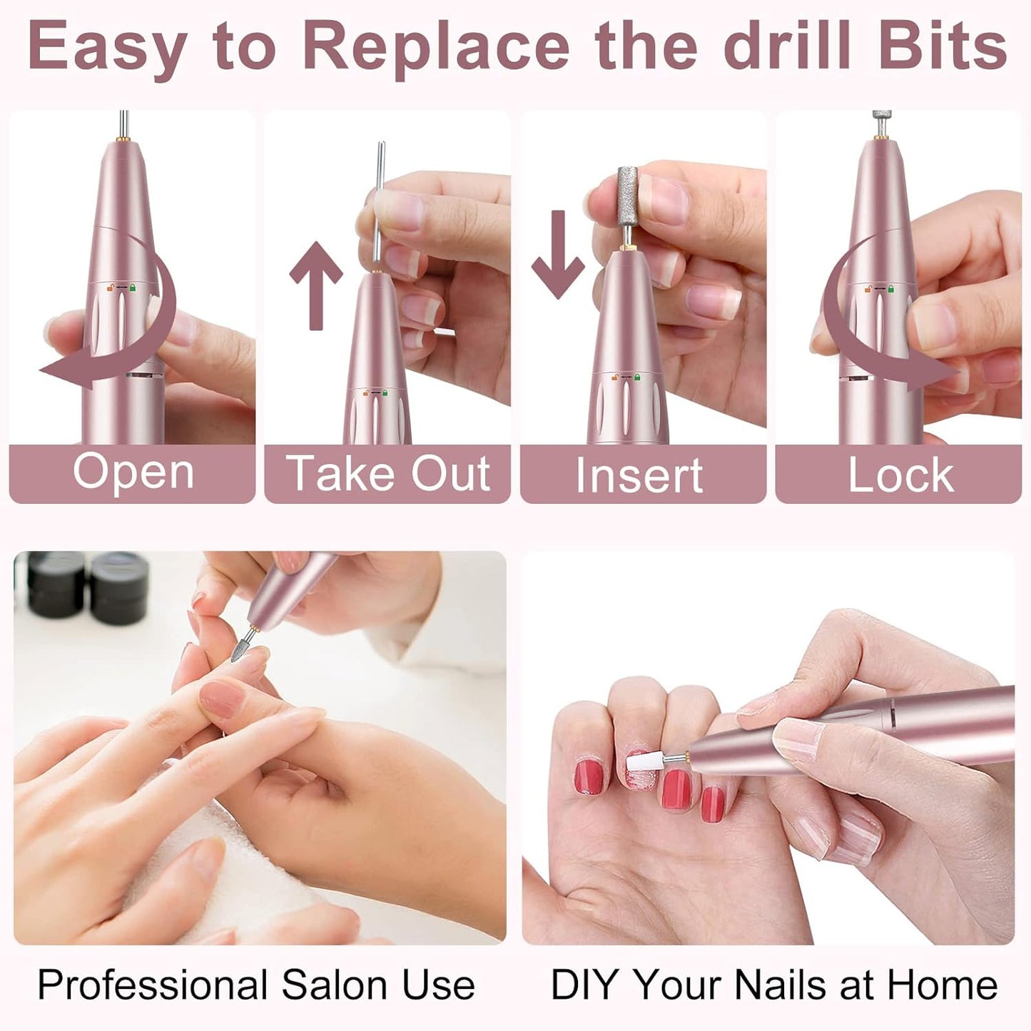 Electric Nail Files Professional, Portable Nail Drill Machine for Acrylic and Gel Nails,35000Rpm Rechargeable Electric Manicure Pedicure Set (Pink)