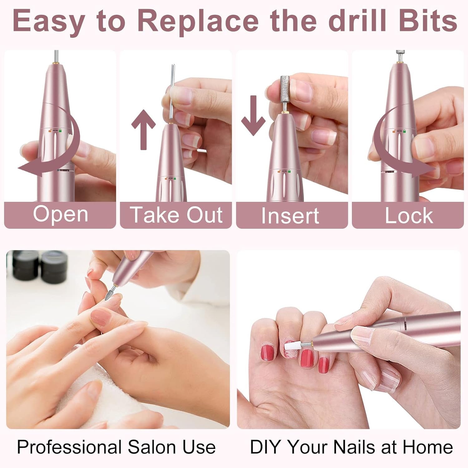 Electric Nail Files Professional, Portable Nail Drill Machine for Acrylic and Gel Nails,35000Rpm Rechargeable Electric Manicure Pedicure Set (Pink)
