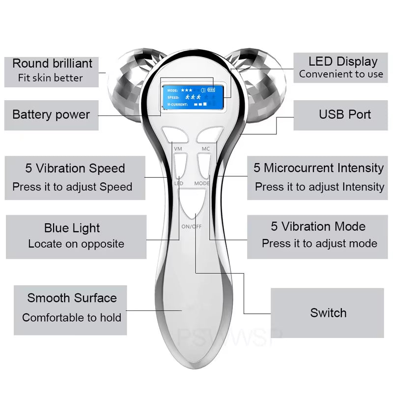 4D EMS Face Massager Roller Microcurrent Facial Device Vibration Facial Massager Beauty Skin Care Tool for Face Eye Neck Body