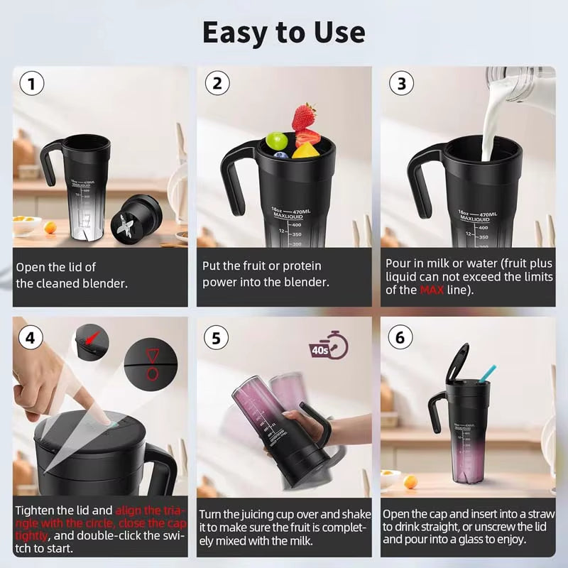 Portable Blender Cup Bottle USB Rechargeable Blades Fruit Mixer Mini Hand Juicer Blender Smoothie with Straw