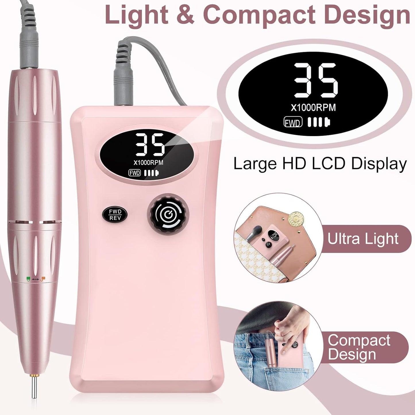 Electric Nail Files Professional, Portable Nail Drill Machine for Acrylic and Gel Nails,35000Rpm Rechargeable Electric Manicure Pedicure Set (Pink)