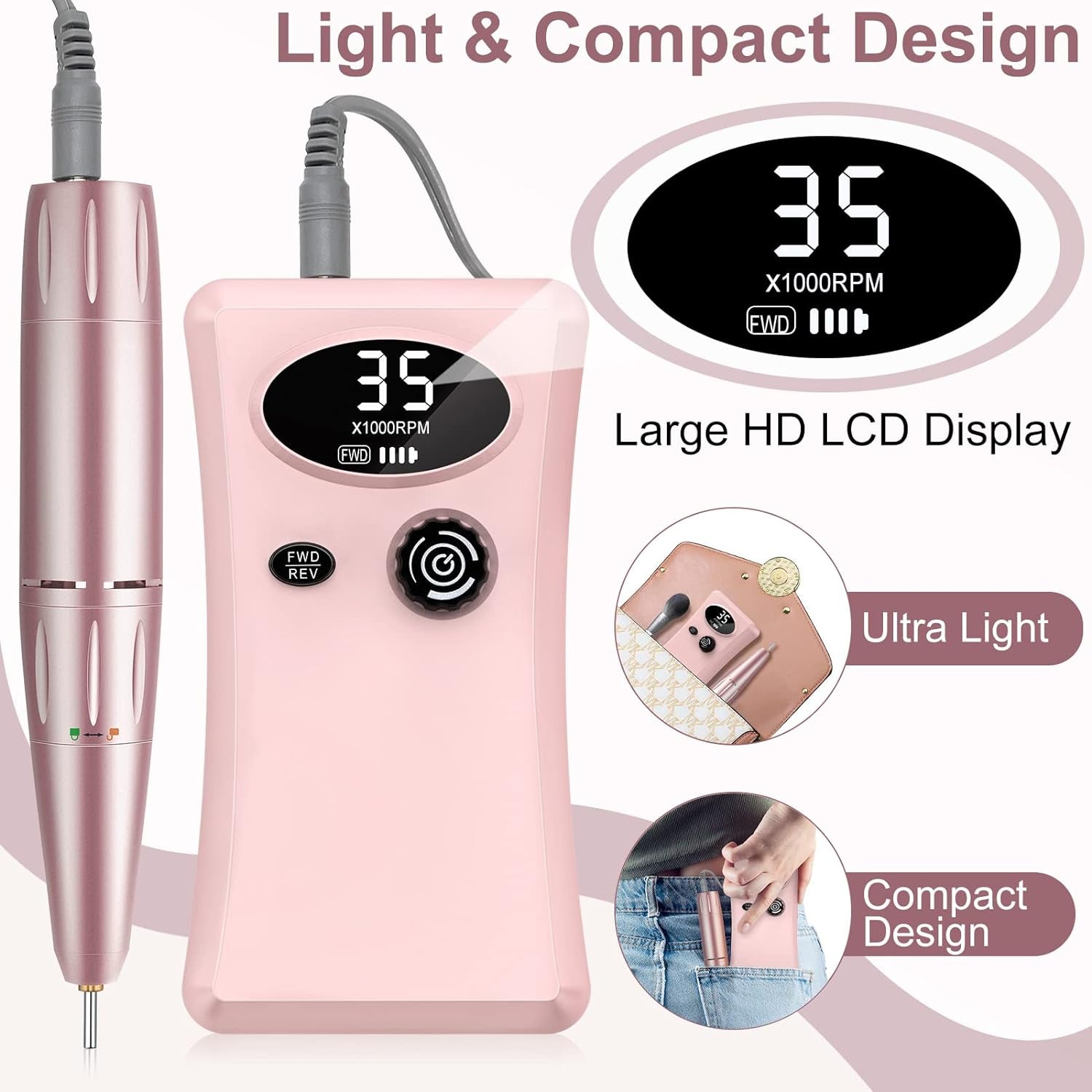 Electric Nail Files Professional, Portable Nail Drill Machine for Acrylic and Gel Nails,35000Rpm Rechargeable Electric Manicure Pedicure Set (Pink)