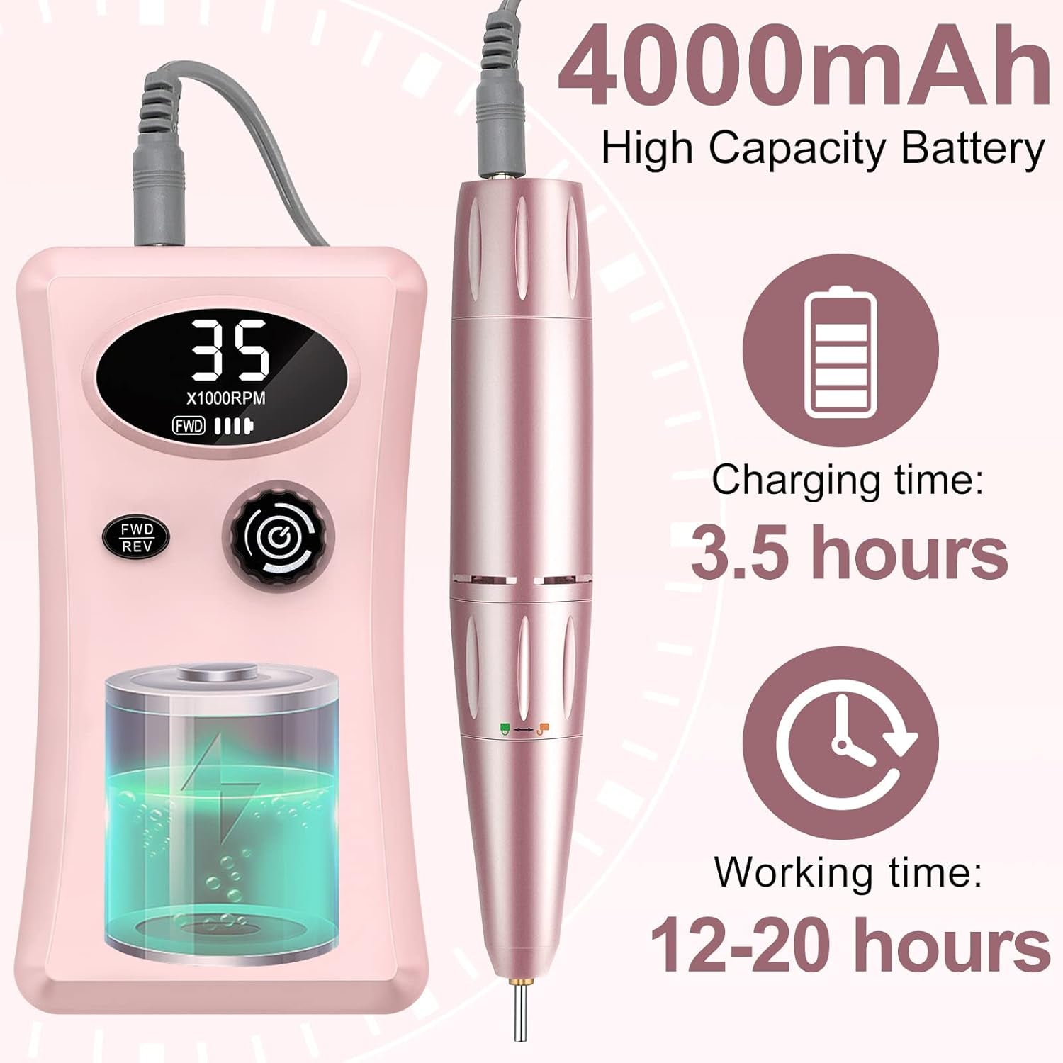 Electric Nail Files Professional, Portable Nail Drill Machine for Acrylic and Gel Nails,35000Rpm Rechargeable Electric Manicure Pedicure Set (Pink)