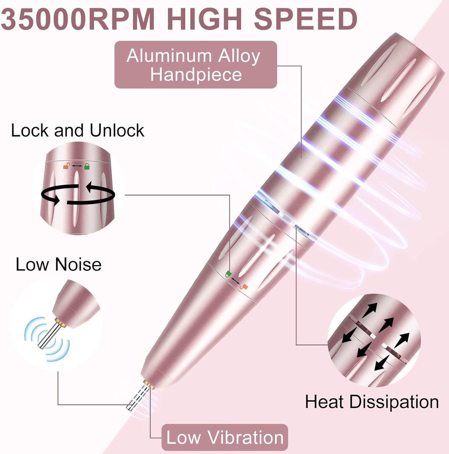 Electric Nail Files Professional, Portable Nail Drill Machine for Acrylic and Gel Nails,35000Rpm Rechargeable Electric Manicure Pedicure Set (Pink)