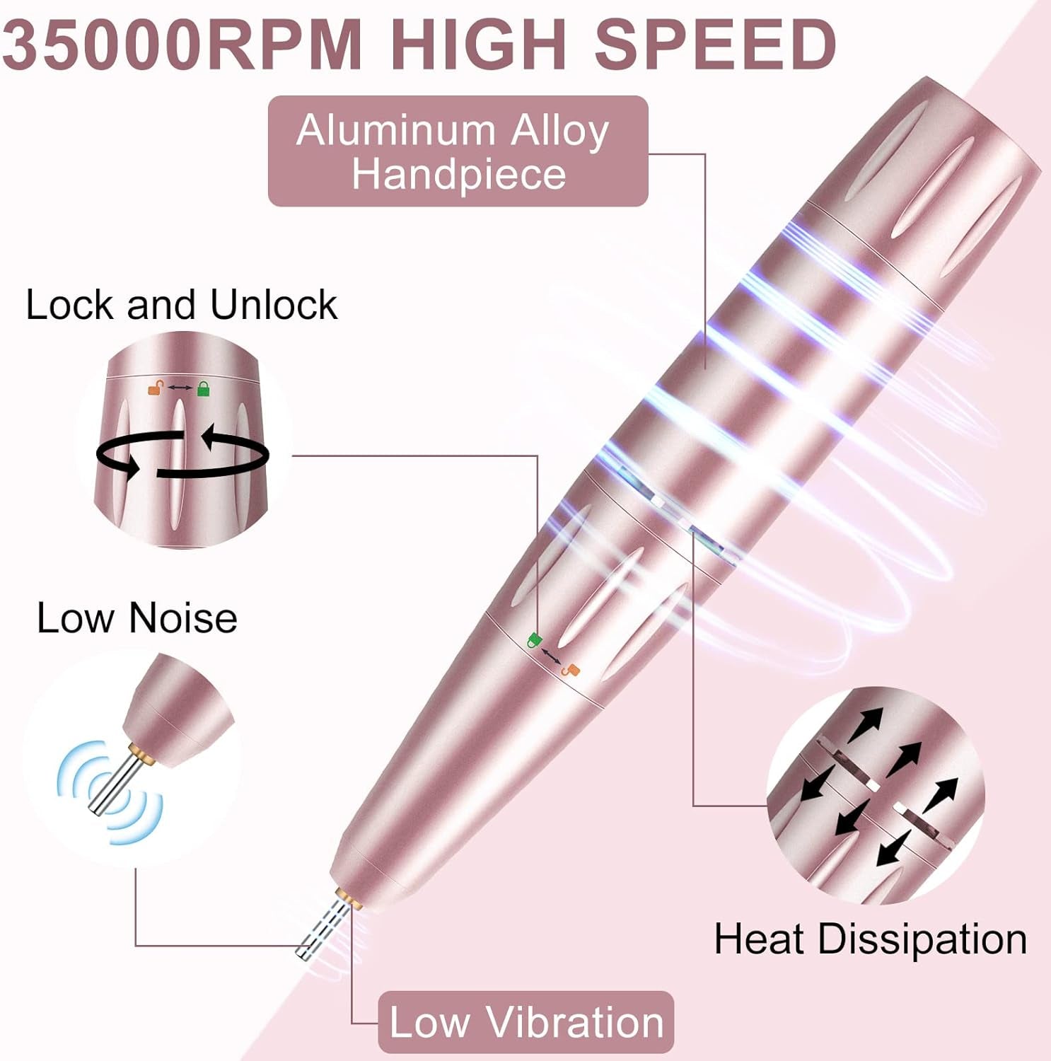 Electric Nail Files Professional, Portable Nail Drill Machine for Acrylic and Gel Nails,35000Rpm Rechargeable Electric Manicure Pedicure Set (Pink)